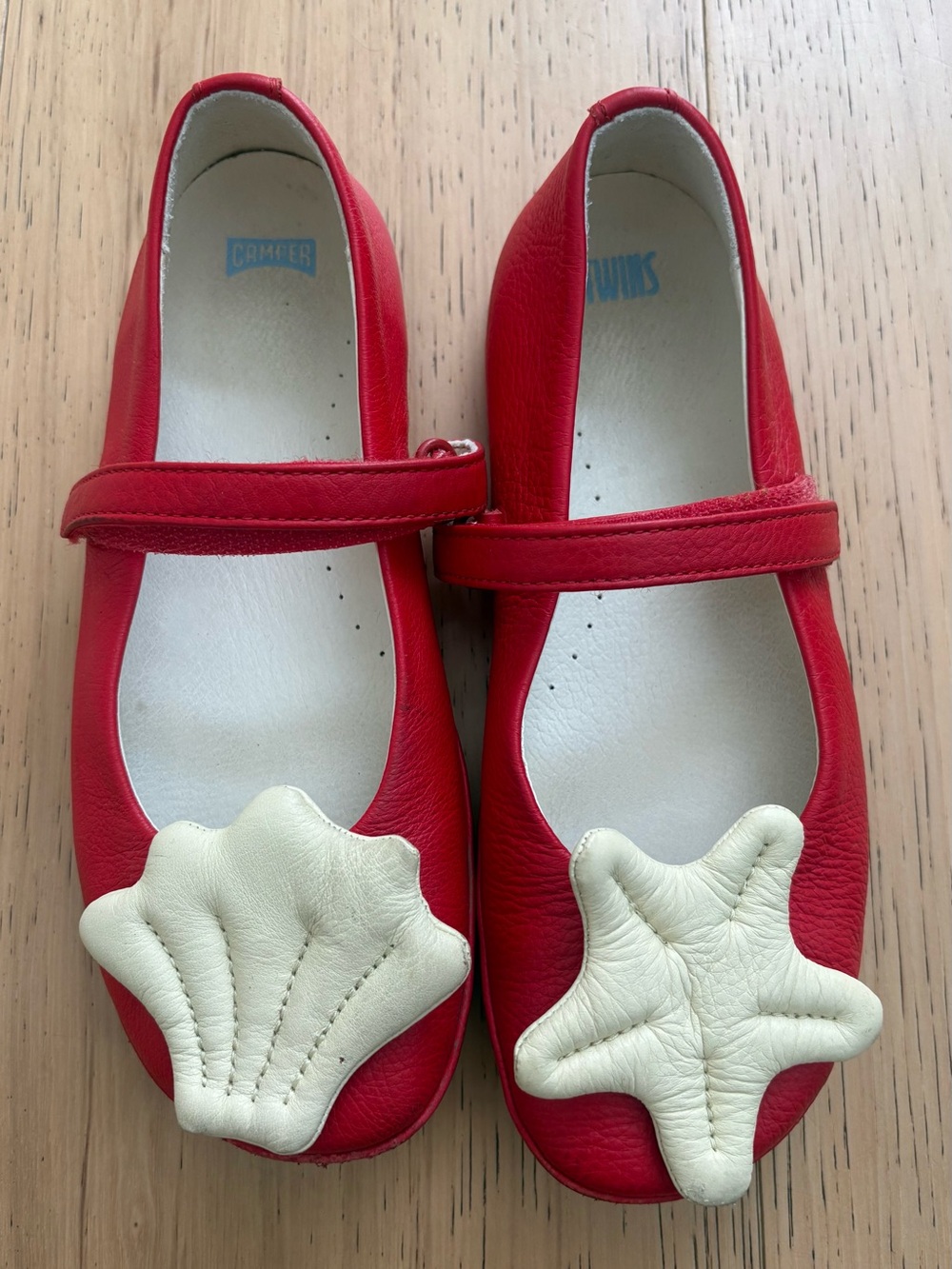Camper Kids Red Mary Janes with Cream Shell & Star Accents